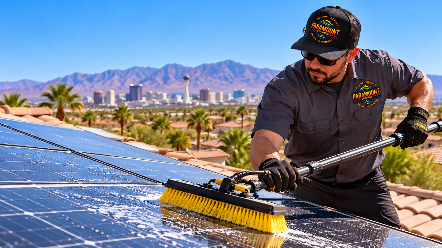 Paramount Services technician performing professional solar panel cleaning and maintenance on a Las Vegas home. Paramount Services technician performing professional solar panel cleaning and maintenance on a Las Vegas home.