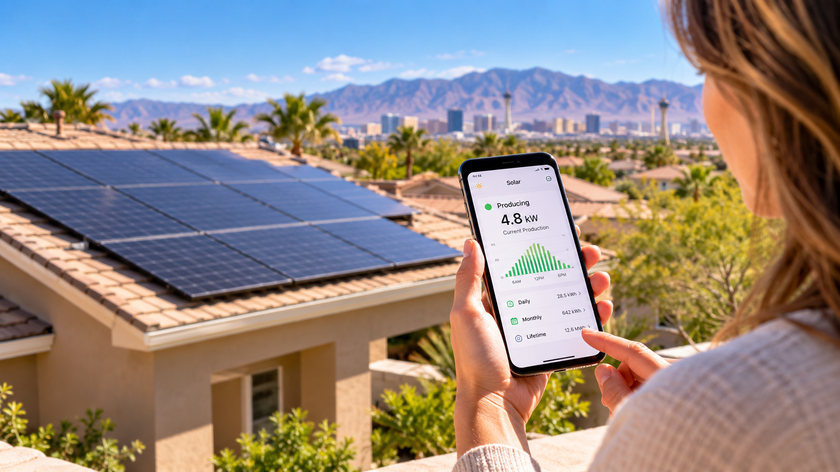 Las Vegas homeowner checking solar monitoring app for rooftop solar panel production and system performance. Las Vegas homeowner checking solar monitoring app for rooftop solar panel production and system performance.