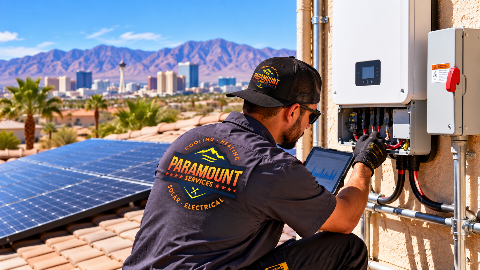 Paramount Services technician performing solar system diagnostics and inverter troubleshooting on a Las Vegas home. Paramount Services technician performing solar system diagnostics and inverter troubleshooting on a Las Vegas home.