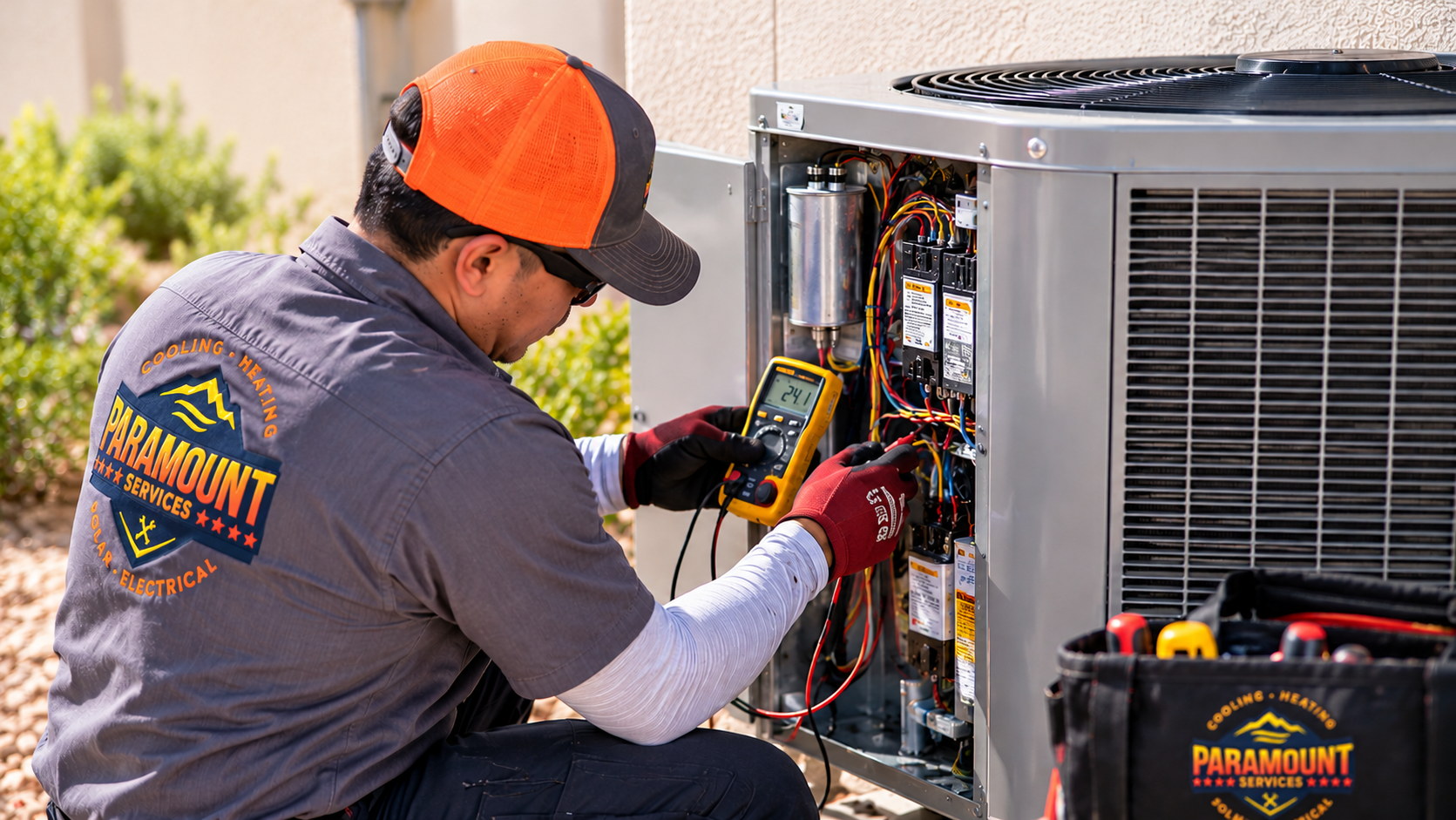 Paramount Services HVAC technician using a digital multimeter to diagnose air conditioner electrical components at a Las Vegas home.