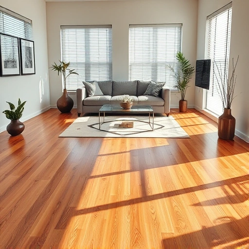 Hardwood flooring installation in a modern Fox Lake living room with warm oak tones and contemporary decor.