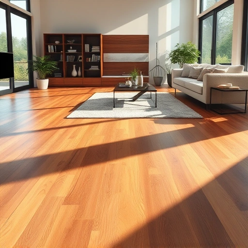 Hardwood flooring installation in a modern living room with warm tones, minimalist decor, and natural light.