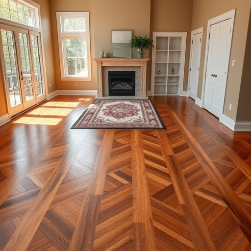 Custom oak hardwood flooring installation in Streamwood IL with herringbone pattern, natural light, and elegant decor.