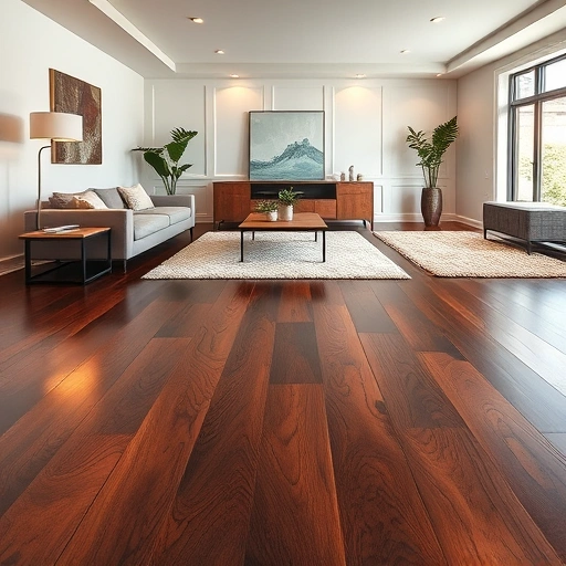 Custom hardwood flooring installation in Fox River Grove IL showcases dark wood planks in a modern living room setting.