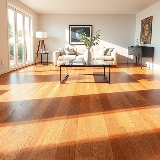 Custom hardwood flooring installation in a stylish living room with oak floors, natural light, and modern decor.