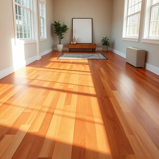 Floating hardwood floor installation in Algonquin IL features warm-toned planks, elegant decor, and soft lighting.
