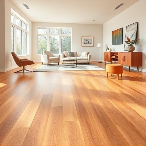Hardwood floor installation in a modern living room with warm wood tones and natural light enhancing its beauty.