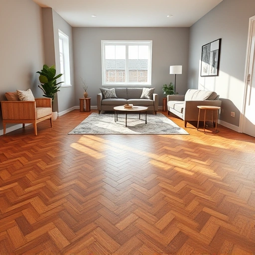 Completed hardwood flooring installation in West Dundee IL features polished oak planks in herringbone pattern with elegant decor.
