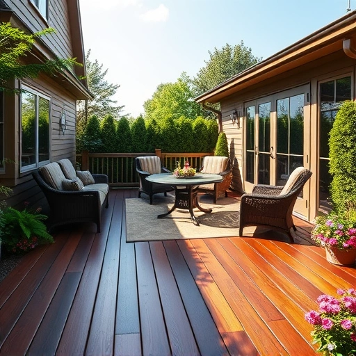 Exterior wooden deck in Algonquin IL with rich stain, elegant furniture, and lush greenery, showcasing craftsmanship.