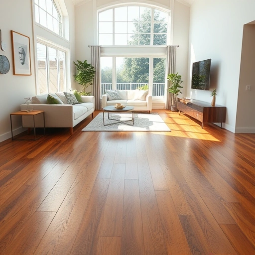 Completed hardwood flooring installation in a modern living room, showcasing polished oak and elegant decor.
