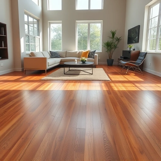 Hardwood flooring installation in a modern living room with stylish furniture and inviting natural light.