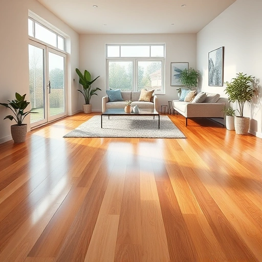 Hardwood flooring in a modern living room with warm oak tones, natural light, minimalist decor, and potted plants.