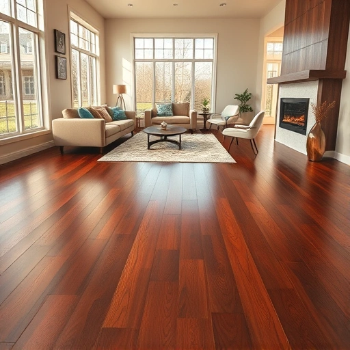 Custom hardwood flooring installation in Barrington IL featuring dark wood floors, modern fireplace, and elegant decor.