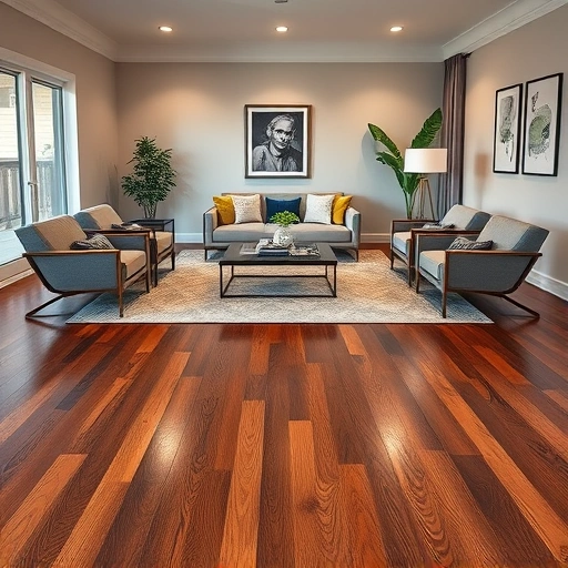 Beautiful dark oak hardwood flooring in Streamwood IL with elegant furniture and cozy decor creating a warm atmosphere.