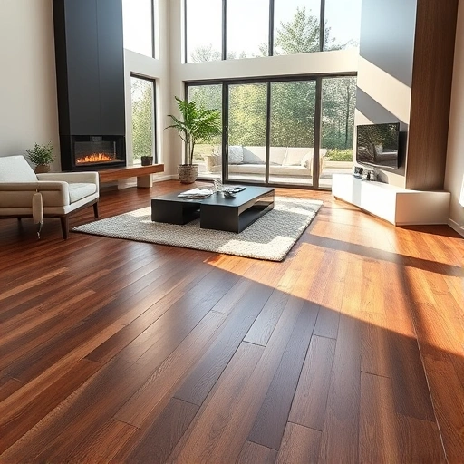 Hardwood flooring installation in a modern Park City living room with dark oak tones and contemporary decor.