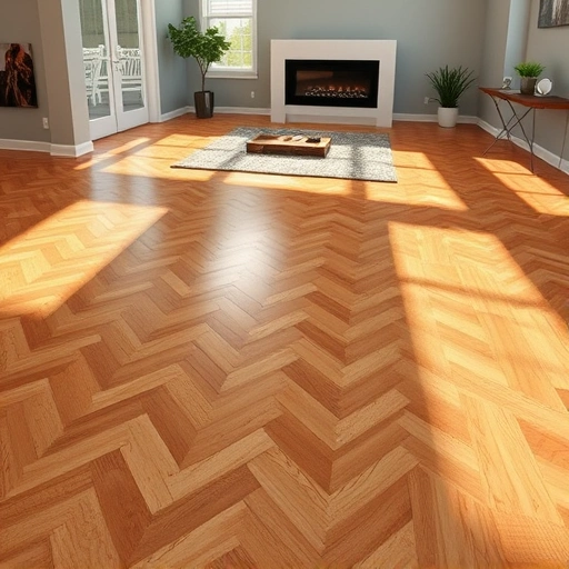 Hardwood flooring installation in McHenry, IL features warm oak planks in herringbone pattern with modern living room decor.