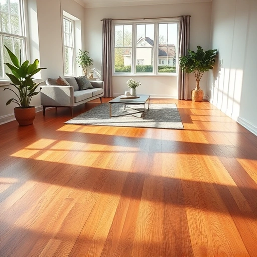 Hardwood flooring installation in a modern living space with warm tones, minimalist decor, and natural light.