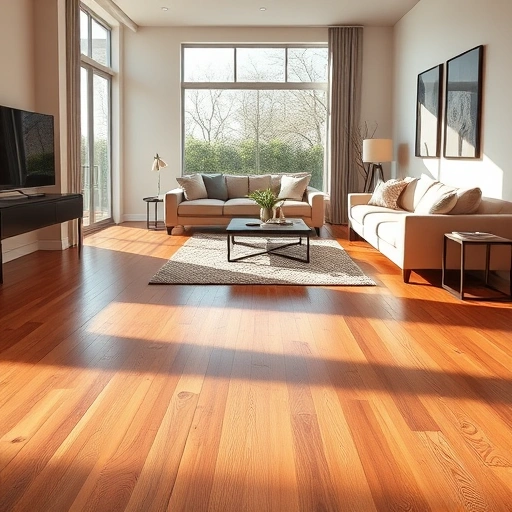 Contemporary living room in Park City IL featuring rich oak hardwood flooring and minimalist decor with natural light.