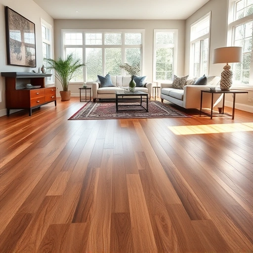 Custom hardwood flooring installation in Antioch IL with natural light, contemporary decor, and rich wood textures.