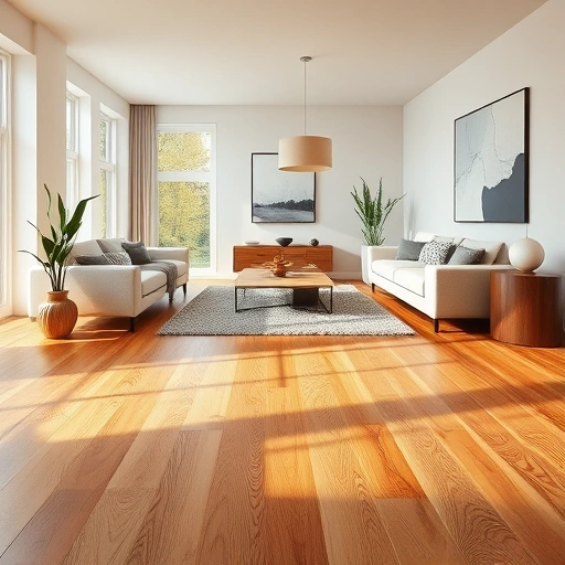 Hardwood flooring in a modern living room showcases rich oak tones, minimalist furniture, and natural light.