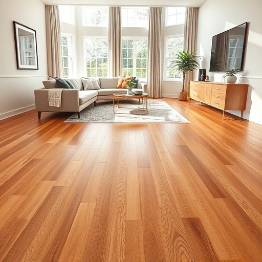 Hardwood flooring installation in a bright living room with natural wood grains and elegant minimalistic decor.