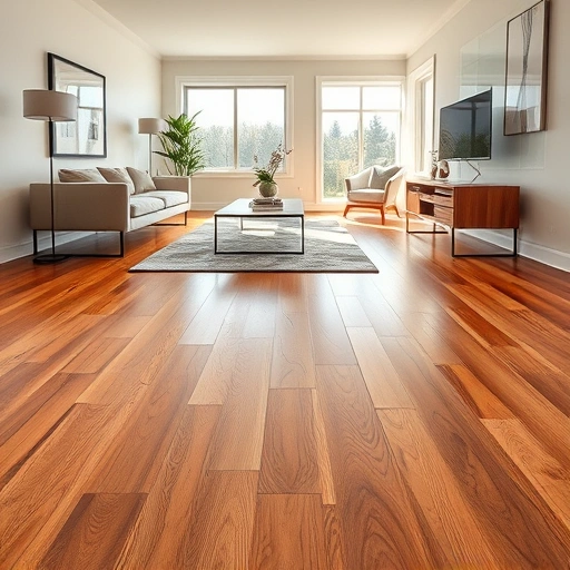 Prefinished hardwood floor installation in Algonquin IL showcasing polished wood, modern decor, and natural light.