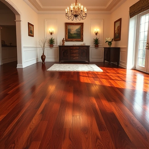 Custom hardwood flooring installation in Hanover Park IL featuring polished mahogany, elegant trim, and soft ambient lighting.