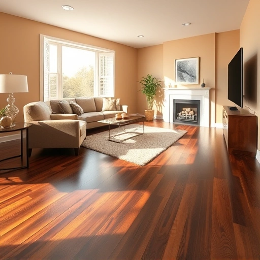 Custom hardwood flooring installation in a stylish living room with rich dark floors, natural light, and elegant decor.