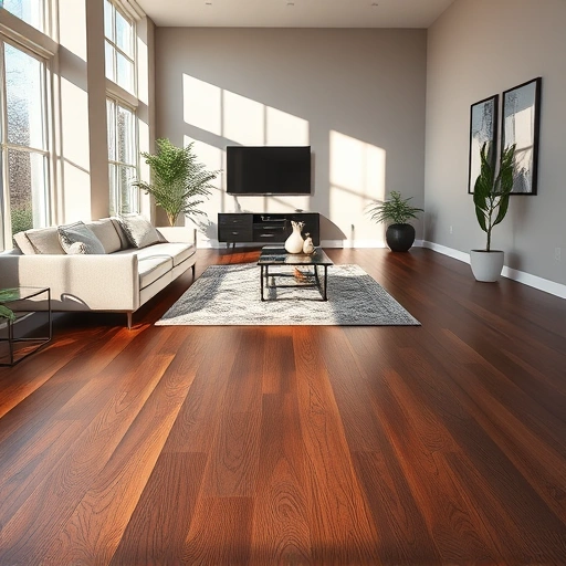 Completed hardwood flooring in a modern Buffalo Grove living room features dark oak, minimalistic furniture, and natural light.