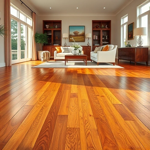 Custom hardwood flooring installation in a warm-toned living space with elegant decor and natural light.