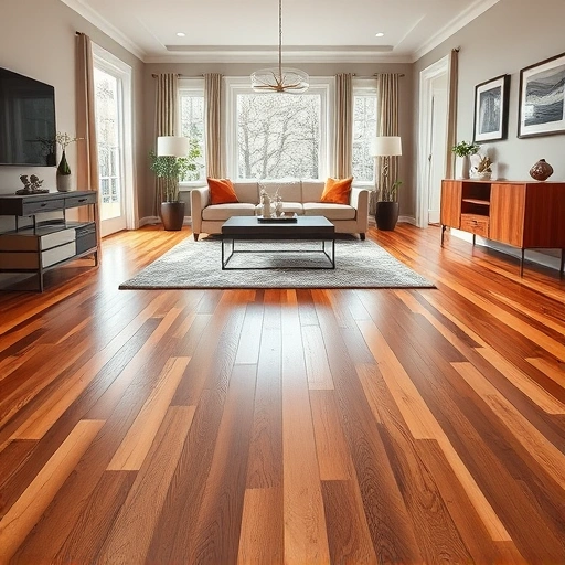 Prefinished hardwood floor in a stylish Algonquin living room with polished sheen and ambient light, showcasing craftsmanship.