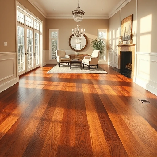 Custom hardwood flooring installation in Cary IL, featuring polished wood, elegant baseboards, and warm lighting.