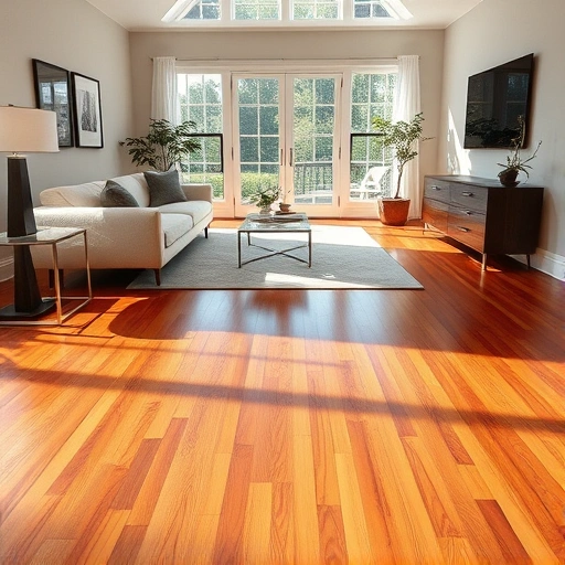 Spacious living room in Algonquin IL featuring a glossy hardwood floor, elegant furniture, and warm natural light.