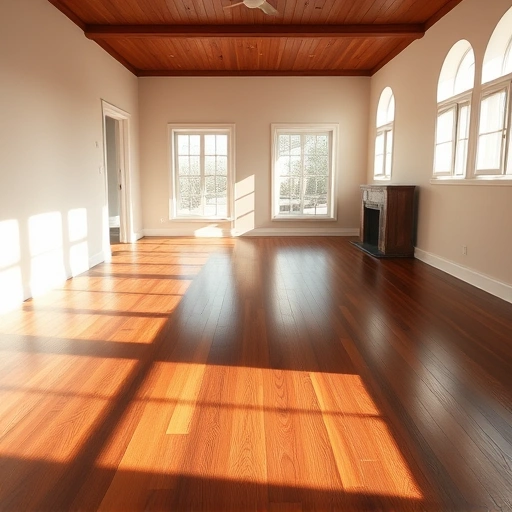Spacious room with polished hardwood flooring, sunlight through windows, and neutral walls creating warmth and serenity.