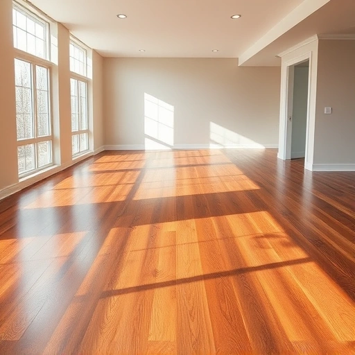 Spacious room with warm hardwood flooring, showcasing rich wood grain and natural light from large windows.