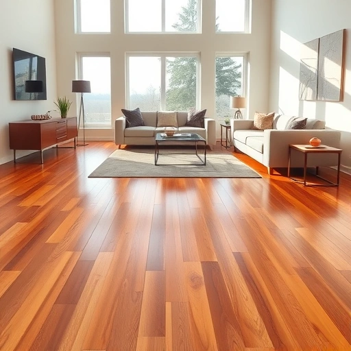 Hardwood floor staining in Algonquin IL showcasing rich glossy finish and elegant modern living room decor.