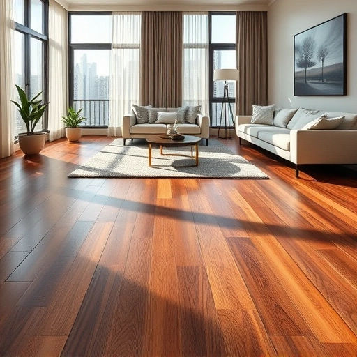Custom hardwood flooring installation in a spacious Lake Forest living room with walnut finish and modern decor.