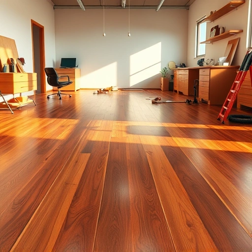 Glossy polyurethane floor finish in Algonquin IL showcases rich wood grains in a clean, modern workspace.