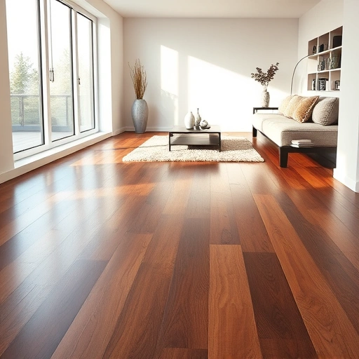 Completed hardwood flooring installation in a modern living room with dark oak planks and contemporary decor.