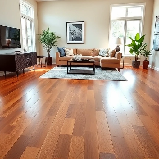 Hardwood flooring installation in a stylish living room with oak tones, contemporary furniture, and natural light.