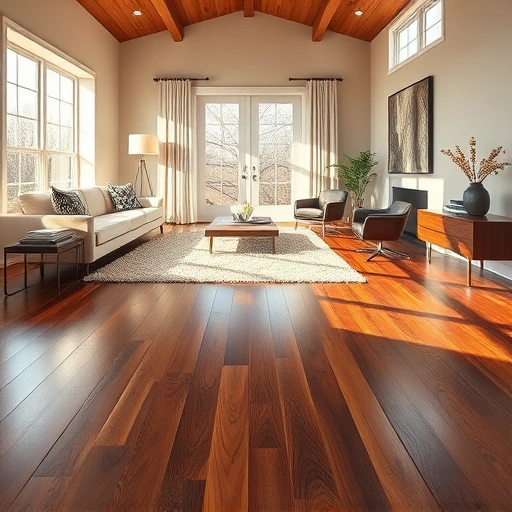 Custom hardwood flooring installation in Park City IL with rich hues and elegant decor showcasing fine craftsmanship.