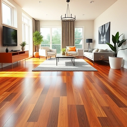 Hardwood flooring installation in a modern living room featuring warm tones, elegant decor, and natural light.
