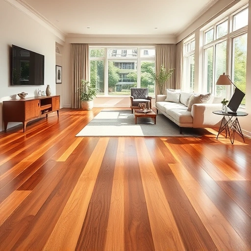 Elegant living room with warm-toned hardwood floors, minimalistic furniture, and natural light showcasing custom installation.