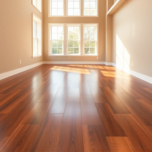 Spacious room with deep brown hardwood flooring, glossy finish, aligned boards, and white baseboards in Algonquin IL.