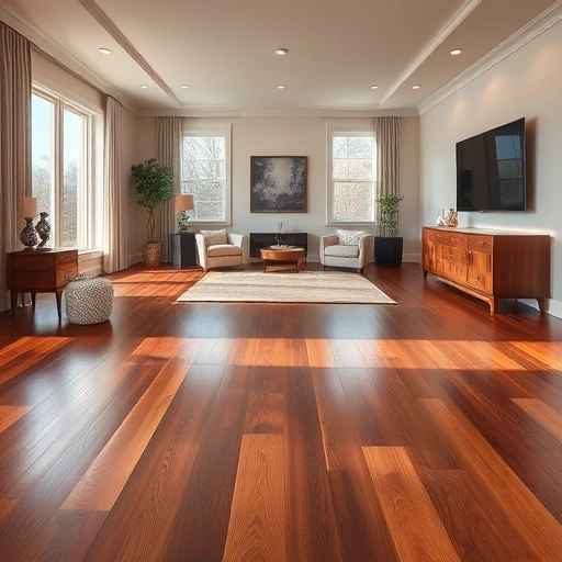 Prefinished dark oak hardwood floor installation in a stylishly furnished room in Algonquin, IL with natural light.