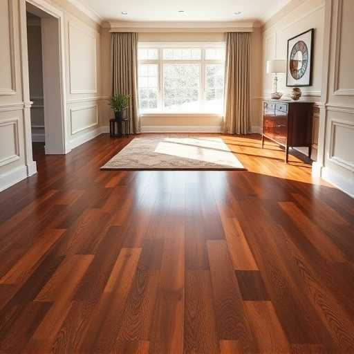 Custom hardwood flooring installation in Bloomingdale IL showcasing rich dark wood, polished surface, and elegant decor.