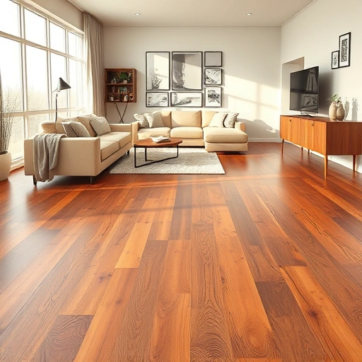 Hardwood flooring installation with rich oak planks, modern living room, natural light, elegant decor, inviting atmosphere.