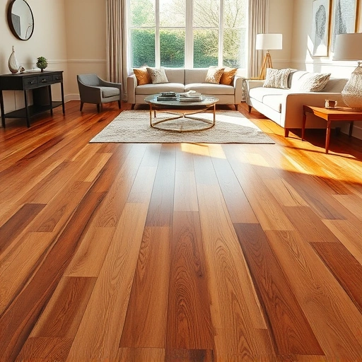 Custom hardwood flooring installation in a stylish living room with warm tones and elegant decor in Bloomingdale IL.
