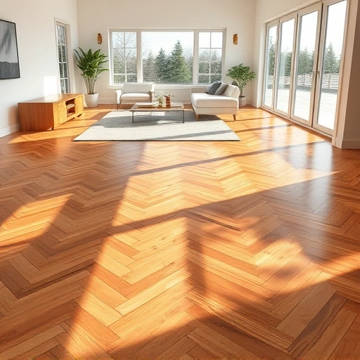 Hardwood flooring installation in Carpentersville IL showcasing polished oak planks in a herringbone pattern.