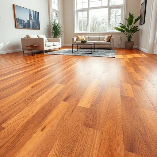 Custom hardwood flooring installation in a contemporary living room with polished planks and natural lighting.